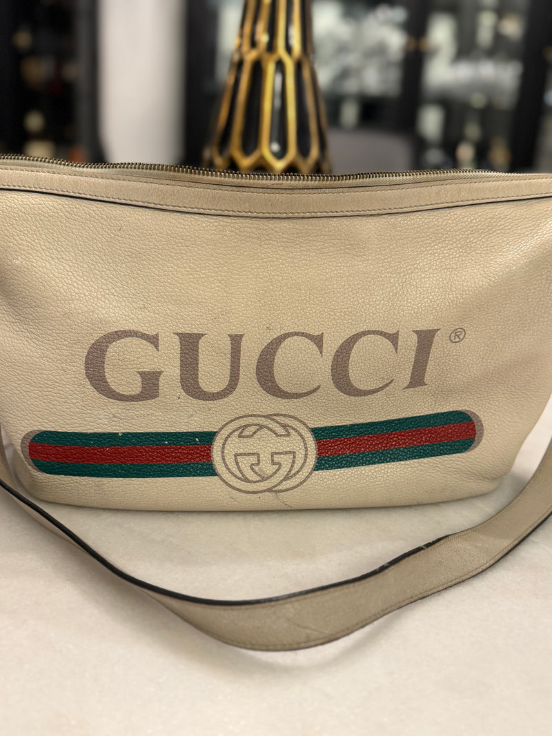 Grained Calfskin Logo Half Moon Hobo White